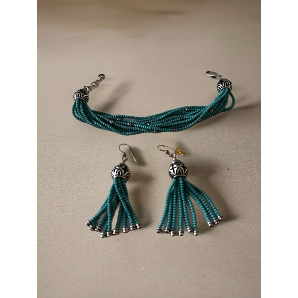 Brighton BOHO ROOT LARIAT Turquoise Bead Bracelet & Matching Earrings.